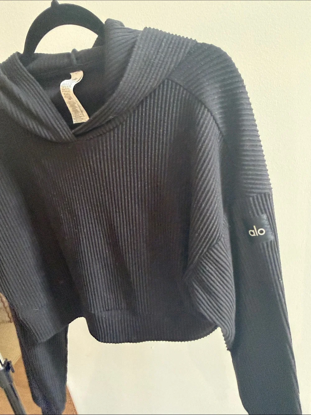 ALO Yoga Black Ribbed Cowl-Neck Cropped Sweater